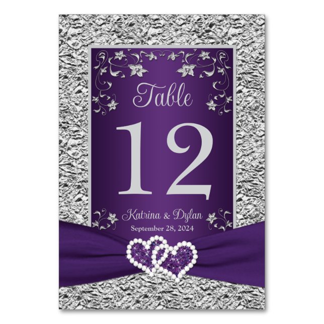 Lila, graue Liebe Herz-Hochzeitkarte Tischnummer (Vorderseite)