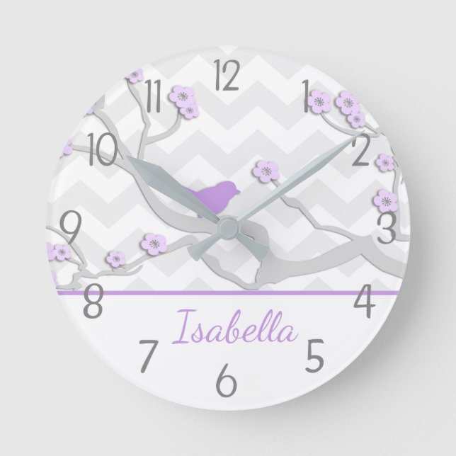 Lila grauer Vogel auf der Wall-Kinderzimmer-Uhr Runde Wanduhr (Vorderseite)