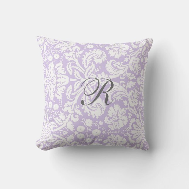 Lila graues Damast-Muster-Monogramm-Kissen Kissen (Vorderseite)