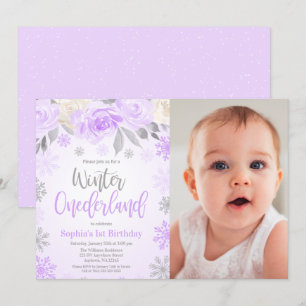 Lila graues florales Winter ONEderland Foto Einladung