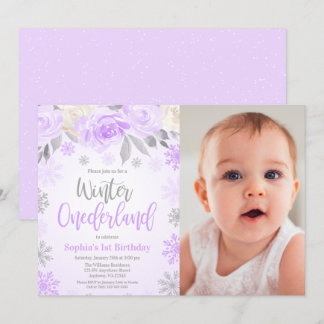 Lila graues florales Winter ONEderland Foto Einladung
