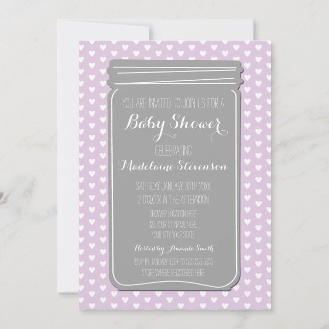 Lila graues Herz Mason Jar Baby Dusche Einladung (Rückseite)