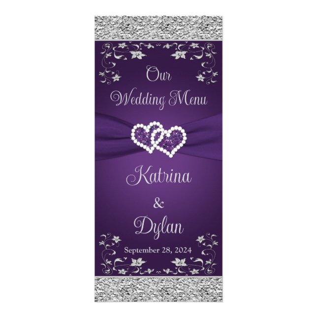 Lila, graues Liebe Hearts Wedding Menu Werbekarte (Vorne)