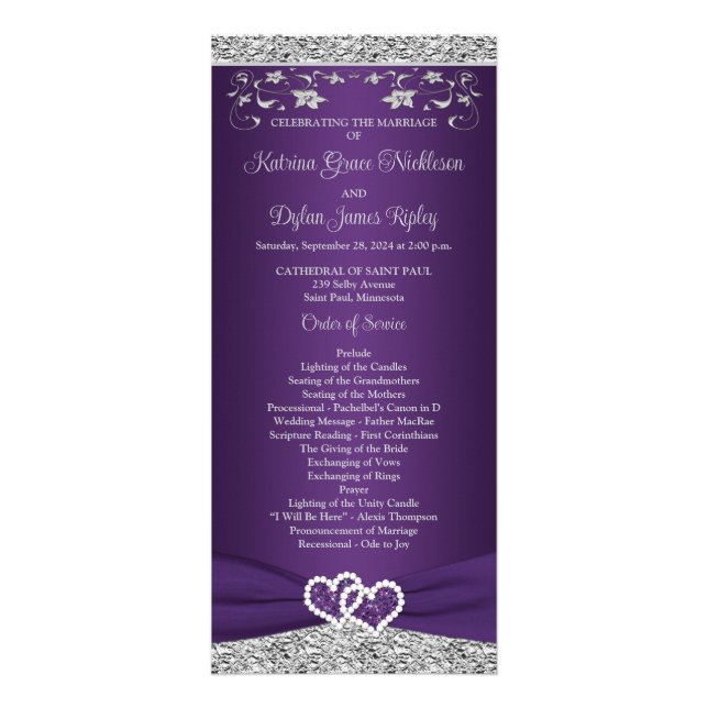 Lila, graues Liebe-Herz-Hochzeitsprogramm Werbekarte (Vorne)