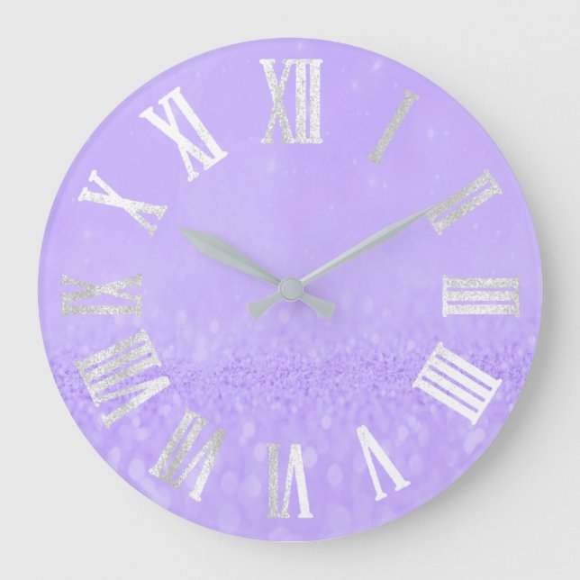 Lila Grausilber Glitzer Metal römische Zahlen Große Wanduhr (Vorderseite)