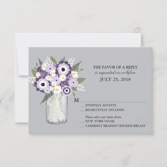 Lila Gray Blume Mason Jar | HochzeitsrSVP RSVP Karte (Vorderseite)