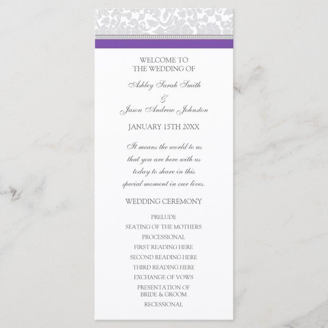Lila-Gray-Damask-Hochzeitsprogramm Programm (Vorderseite)