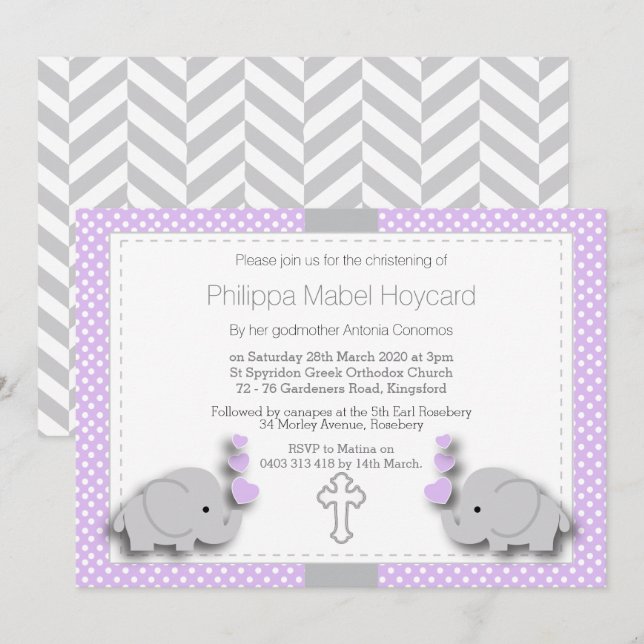 Lila & Gray Elephant 🐘 Baby - Christening Einladung (Vorne/Hinten)