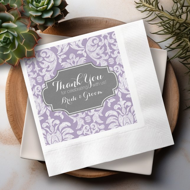 Lila Gray Vintag Damask Wedding Danke Serviette (Purple and White Lace Personalized Wedding Napkins)