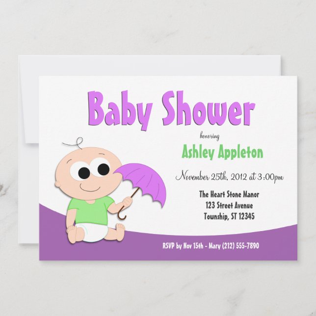 Lila & Green Baby Umbrella - Einladungen zur Dusch (Vorderseite)