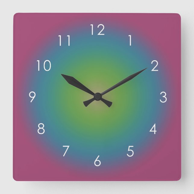 Lila Green Blue Gradient Ombre Aura Quadratische Wanduhr (Vorderseite)