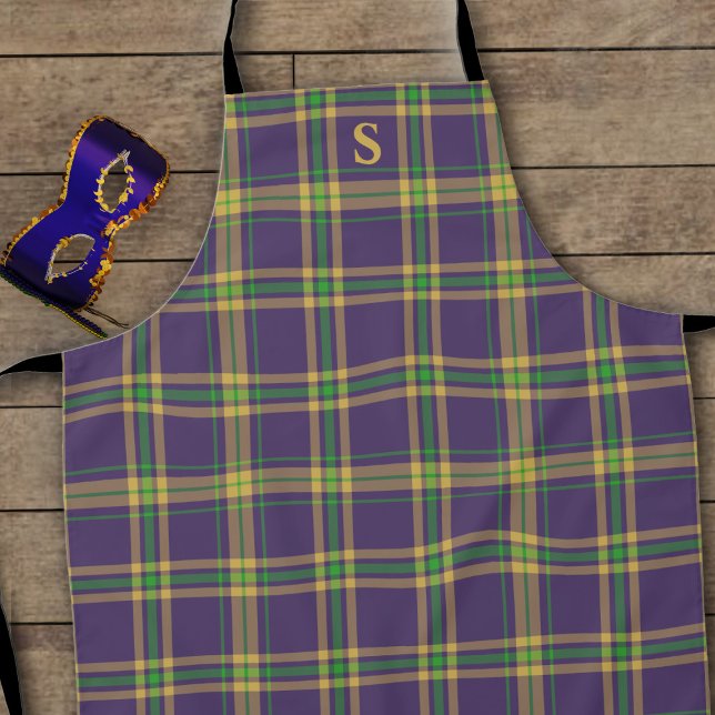 Lila Green Gold Kariert Mardi Gras Tartan Schürze (A fun purple, gold & green plaid tartan apron inspired by the colors of Mardi Gras. Add your initial)