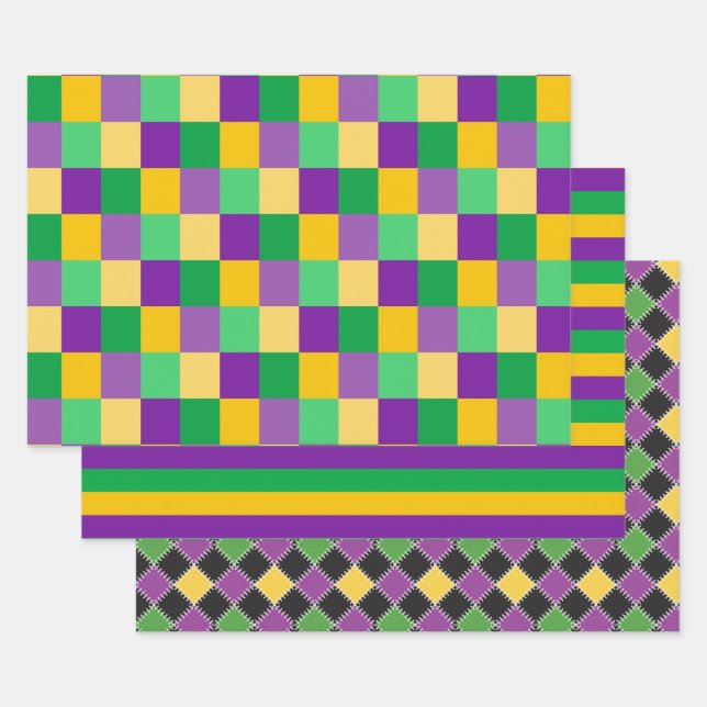 LILA GREEN GOLD MARDI GRAS DIAMOND STRIPES GESCHENKPAPIER SET (Set)