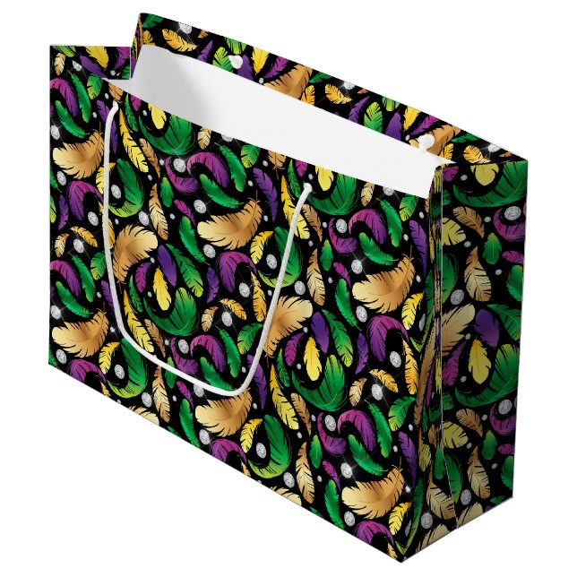 LILA GREEN GOLD MARDI GRAS FEATHERS GROßE GESCHENKTÜTE (Vorderseite Schrägansicht)
