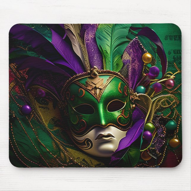 LILA GREEN GOLD MARDI GRAS MASK & FEATHERS MOUSEPAD (Vorne)