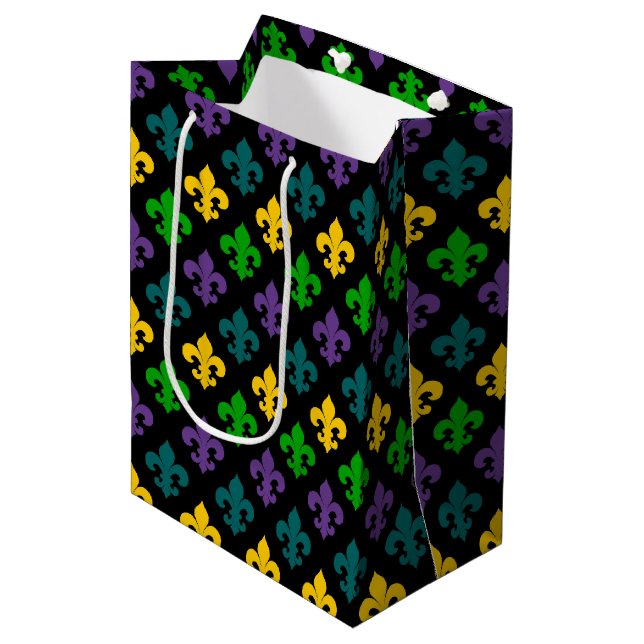 LILA GREEN GOLD MARDI GRAS SYMBOL MITTLERE GESCHENKTÜTE (Vorderseite Schrägansicht)