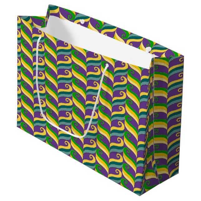 LILA GREEN GOLD MARDI GRAS WIRBEL GROßE GESCHENKTÜTE (Vorderseite Schrägansicht)
