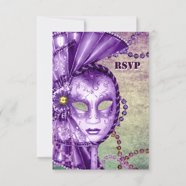 Lila Green Mardi Gras Beads Masquerade UAWG RSVP Karte (Vorderseite)