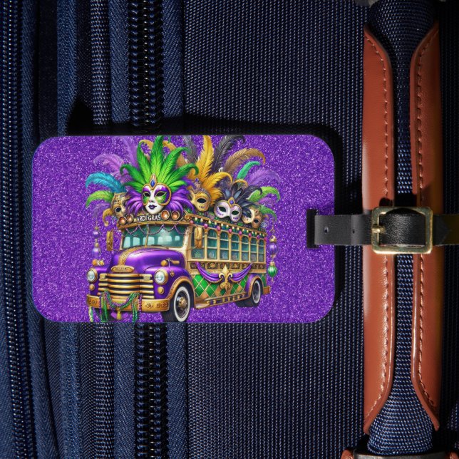 LILA & GREEN MARDI GRAS BUS & FEATHERS GEPÄCKANHÄNGER (Vorderseite Insitu 4)