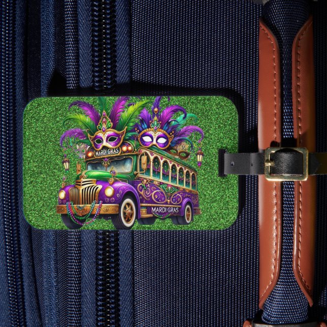 LILA & GREEN MARDI GRAS BUS & FEATHERS GEPÄCKANHÄNGER (Vorderseite Insitu 4)