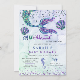 Lila Green Modern Glitzer Mermaid Babydusche Einladung