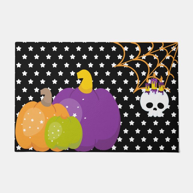 LILA GREEN ORANGE PUMPKINS WEISSE STERNE FUßMATTE (Vorderseite)