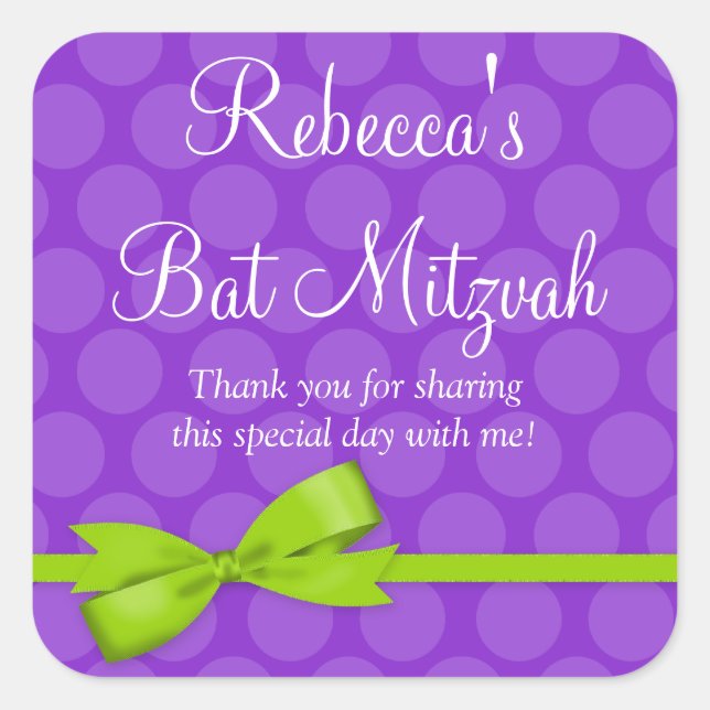Lila Green Polka Dot Printed Bow Bat Mitzvah Quadratischer Aufkleber (Vorderseite)