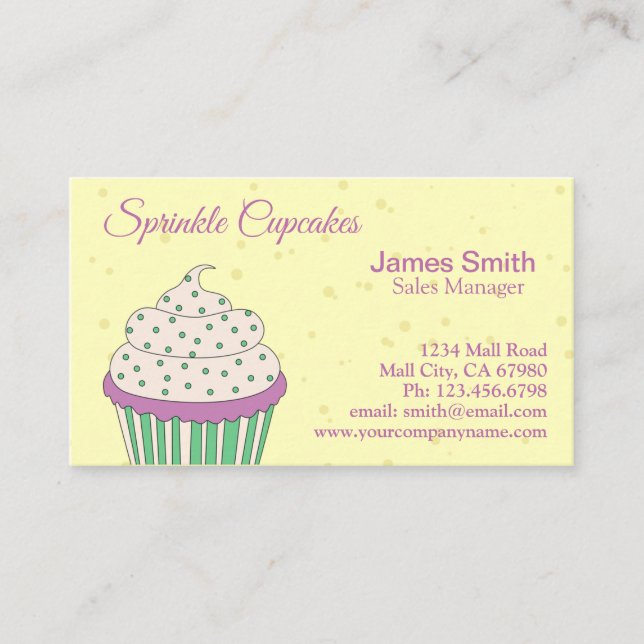 Lila Green Sprinkle Cupcake Bäckerei Business Card Visitenkarte (Vorderseite)