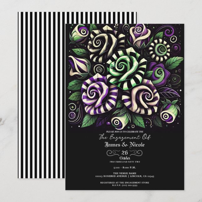 Lila Green Stripe BlumenHalloween-Verlobung Einladung (Vorne/Hinten)