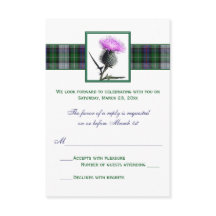 Lila Green Tartan Thistle Wedding RSVP Card