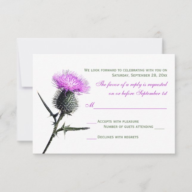 Lila Green Thistle Wedding RSVP Card (Vorderseite)