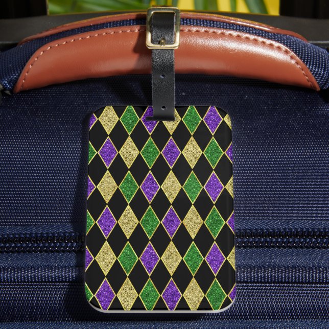 LILA GREEN YELLOW MARDI GRAS DIAMOND PATTERN GEPÄCKANHÄNGER (Vorderseite Insitu 2)
