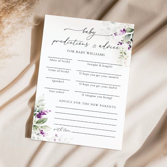 Lila Greenery Baby Shower Predictions Card (Von Creator hochgeladen)