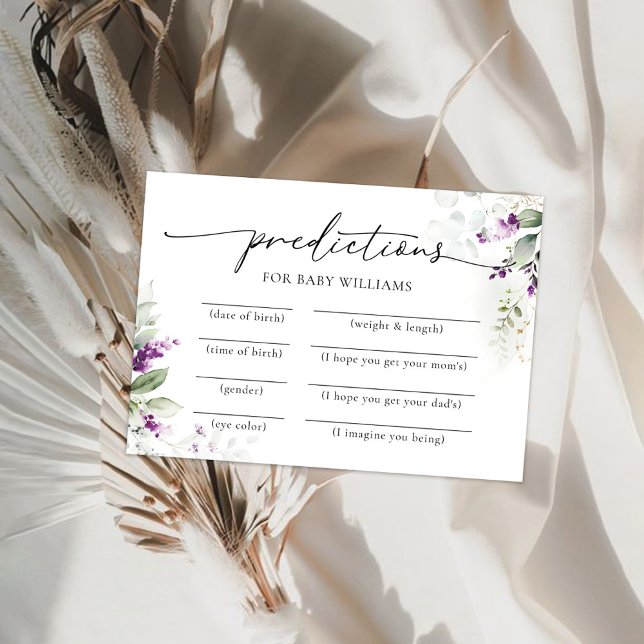 Lila Greenery Baby Shower Predictions Card Einladung (Von Creator hochgeladen)