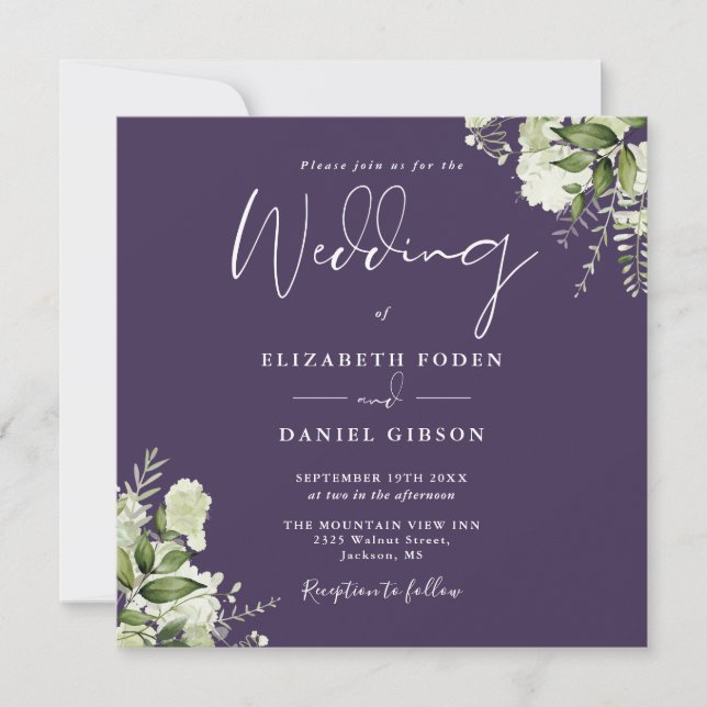 Lila Greenery Floral Monogram Square Wedding Einladung (Vorderseite)