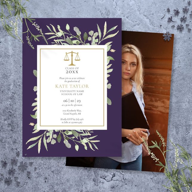 Lila Greenery Law School Abschluss Foto Einladung (Purple Greenery Law School Graduation Photo Invitation)