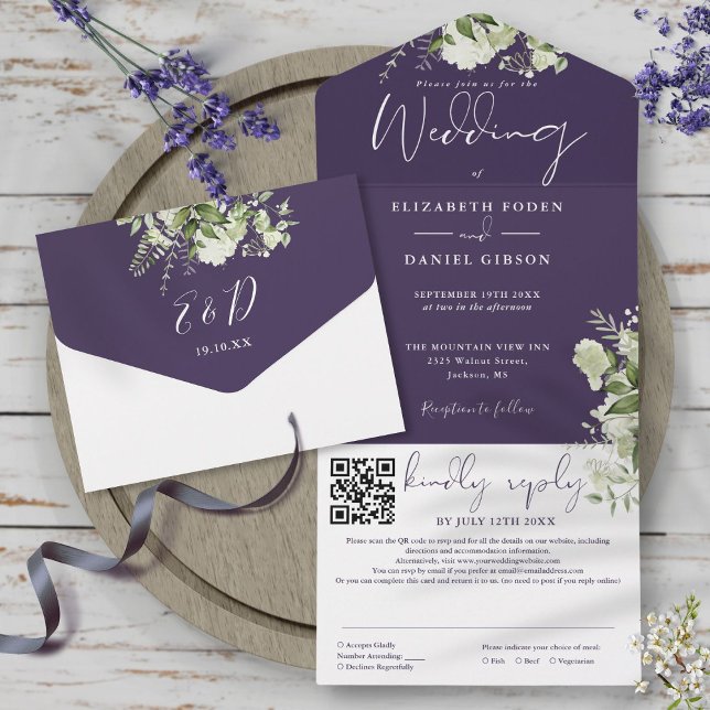 Lila Greenery Monogram QR Code Hochzeit All In One Einladung (Purple Greenery Monogram QR Code Wedding All In One Invitation)
