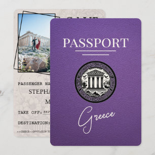 Lila Griechenland Reisepass Save-the-Date-Karte Save The Date