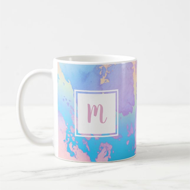 lila, griechisch-blaue Monogramm-Wasserfarbe Kaffeetasse (Links)