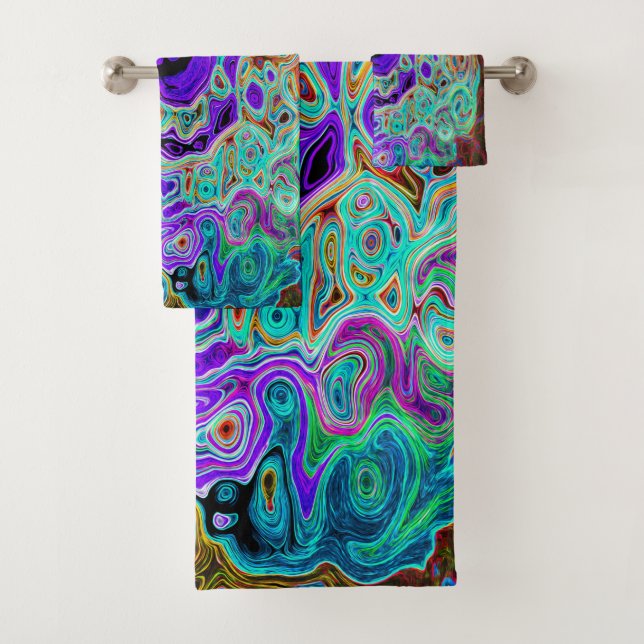 Lila Groovy Abstrakt Retro Liquid Swirl Badhandtuch Set (Insitu)