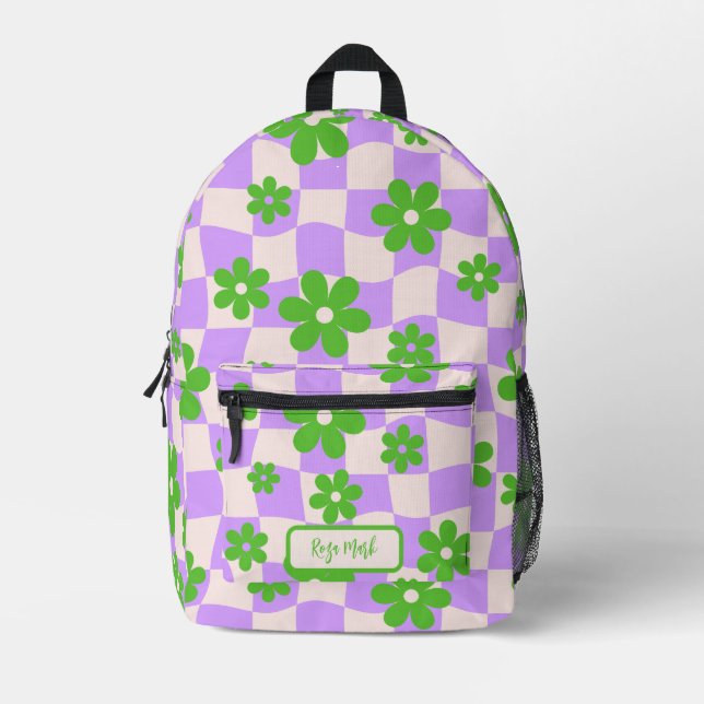 Lila Groovy Daisy Floral Checkerboard Bedruckter Rucksack (Vorderseite)