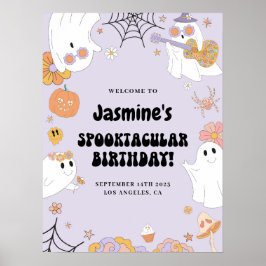 Lila Groovy Ghost Birthday Begrüßungszeichen Poster