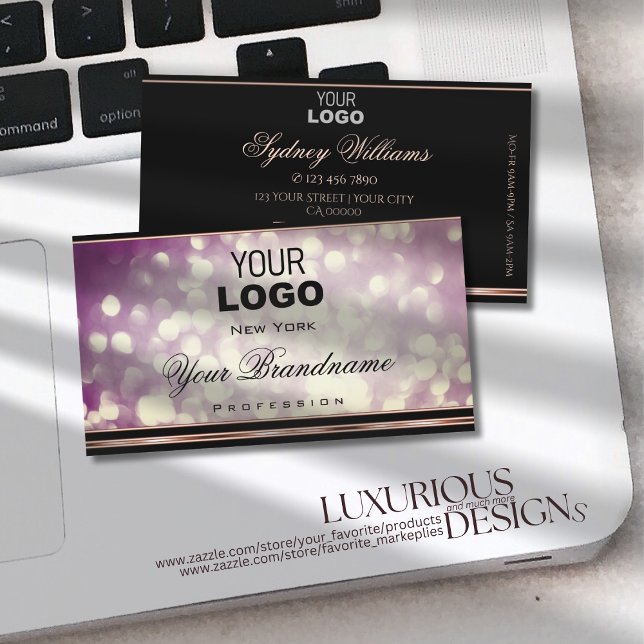 Lila großer Glitzer Logo Schwarze Rose Gold Border Visitenkarte (Von Creator hochgeladen)