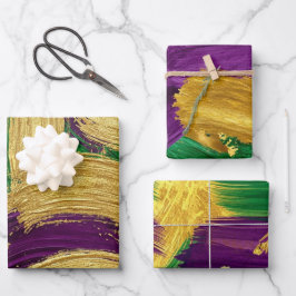 LILA GRÜN GELB MARDI GRAS PINSELSTRICHE GESCHENKPAPIER SET