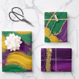 LILA GRÜN GELB MARDI GRAS PINSELSTRICHE GESCHENKPAPIER SET
