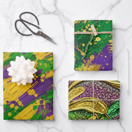 LILA GRÜN GELB MARDI GRAS PINSELSTRICHE GESCHENKPAPIER SET