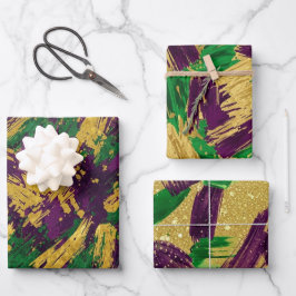 LILA GRÜN GELB MARDI GRAS PINSELSTRICHE GESCHENKPAPIER SET