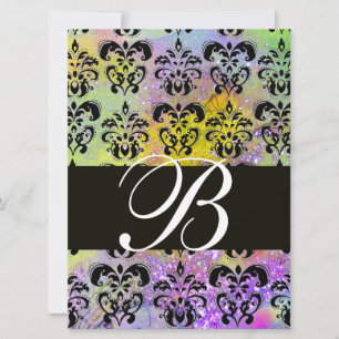 LILA GRÜN GELB SCHWARZ DAMAST MONOGRAMM, weiß Einladung
