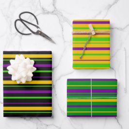 LILA GRÜN GELBE MARDI GRAS STREIFEN GESCHENKPAPIER SET
