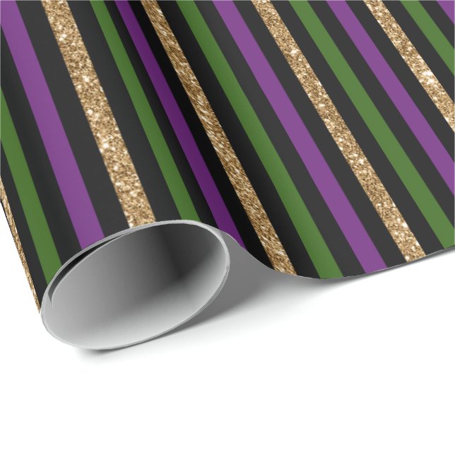 Lila, grün, schwarz, Imitats Gold Streifen Mardi G Geschenkpapier (Rolleneckpunkt)
